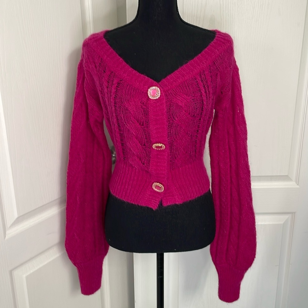Nana Jacqueline Eva cardigan off shoulders berry color size M mohair pin up - Picture 3 of 10